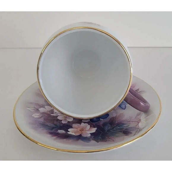 Vintage Lena Liu 'Blossoms & Butterflies' Purple‎ Porcelain Tea Cup & Saucer - Picture 6 of 7